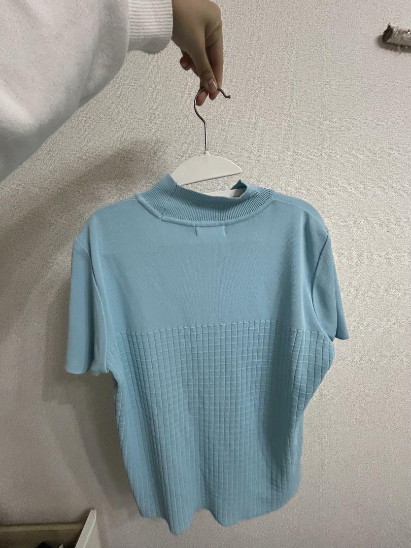 希少 courrèges 水色 ハイネック 半袖ニット