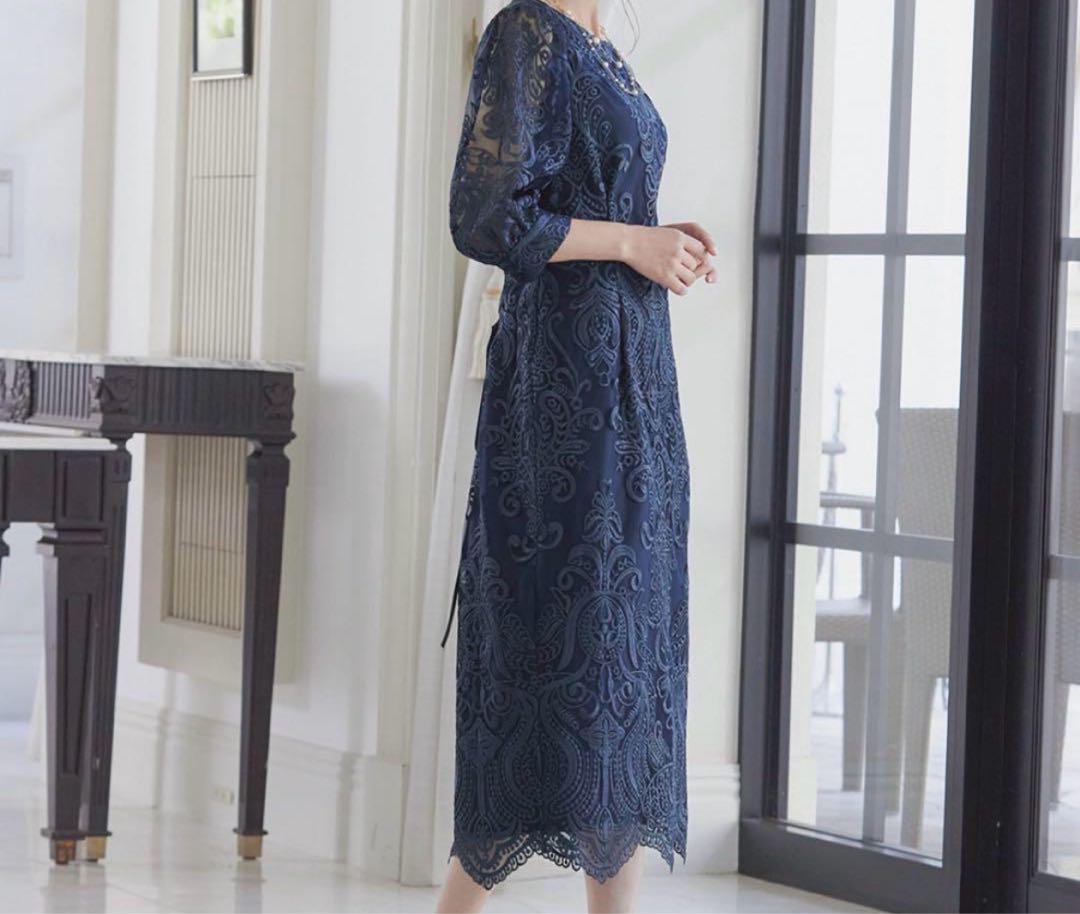 niana 刺繍レース バックリボン タイトドレス　ネイビー