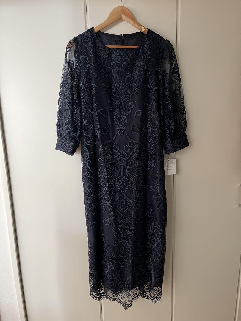 niana 刺繍レース バックリボン タイトドレス　ネイビー