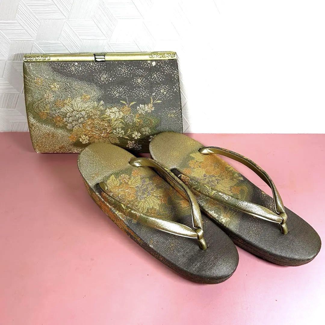 【最終処分‼️】美品 ！！金色花柄草履とバッグセット フォーマル