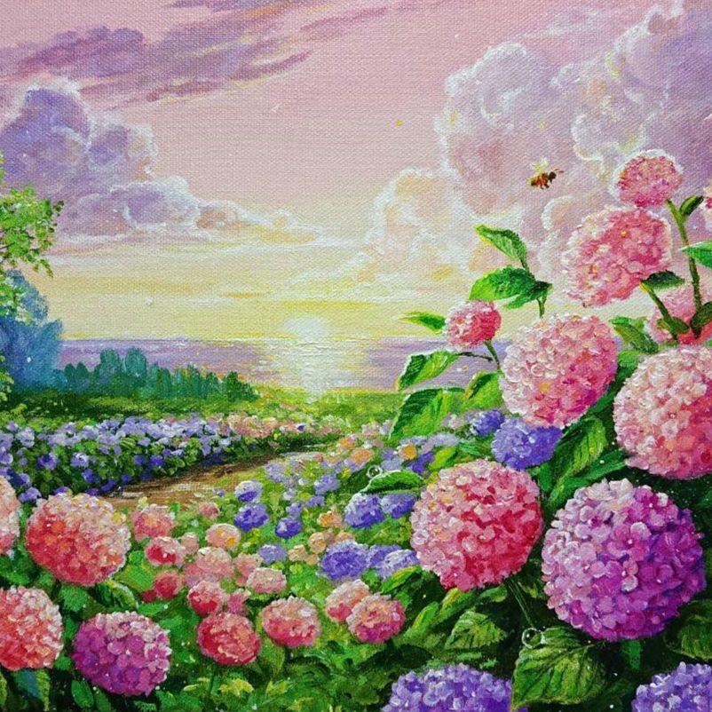 【夕映えの紫陽花】アクリル画 F3 風景画 絵画