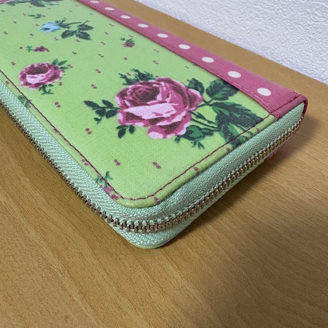 Think Bee シンクビー 長財布 黄緑 ピンク グリーン 花柄 バラ 財布