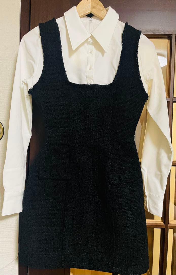 ダーリッチ シャツドッキングツイードミニワンピース ブラック