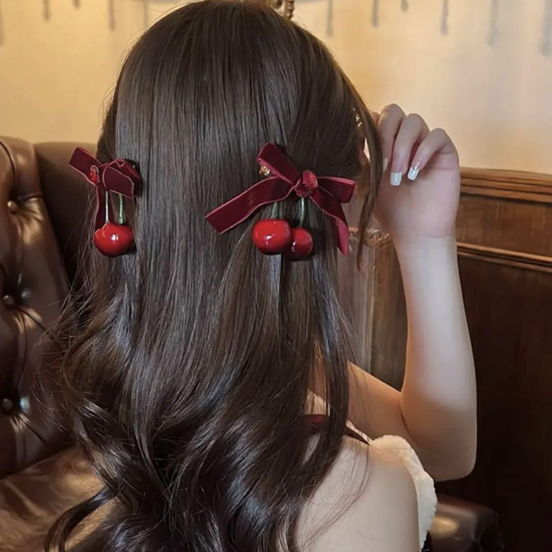 ヘアアクセサリー リボン ヘアクリップ さくらんぼ 可愛い