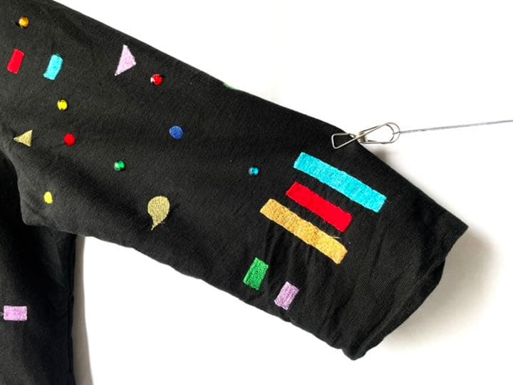 希少80s90sデザイン刺繍ジャケット ハーフコート 黒赤緑黄青 古着