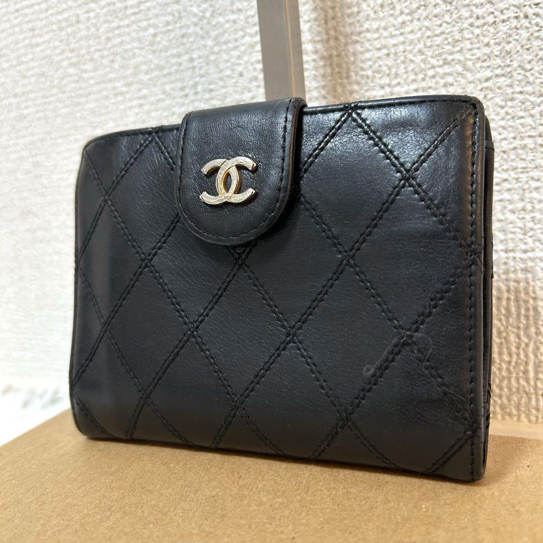 【美品✨正規品/キルティング】シャネル　折り財布　レザー　がま口　黒　ココマーク
