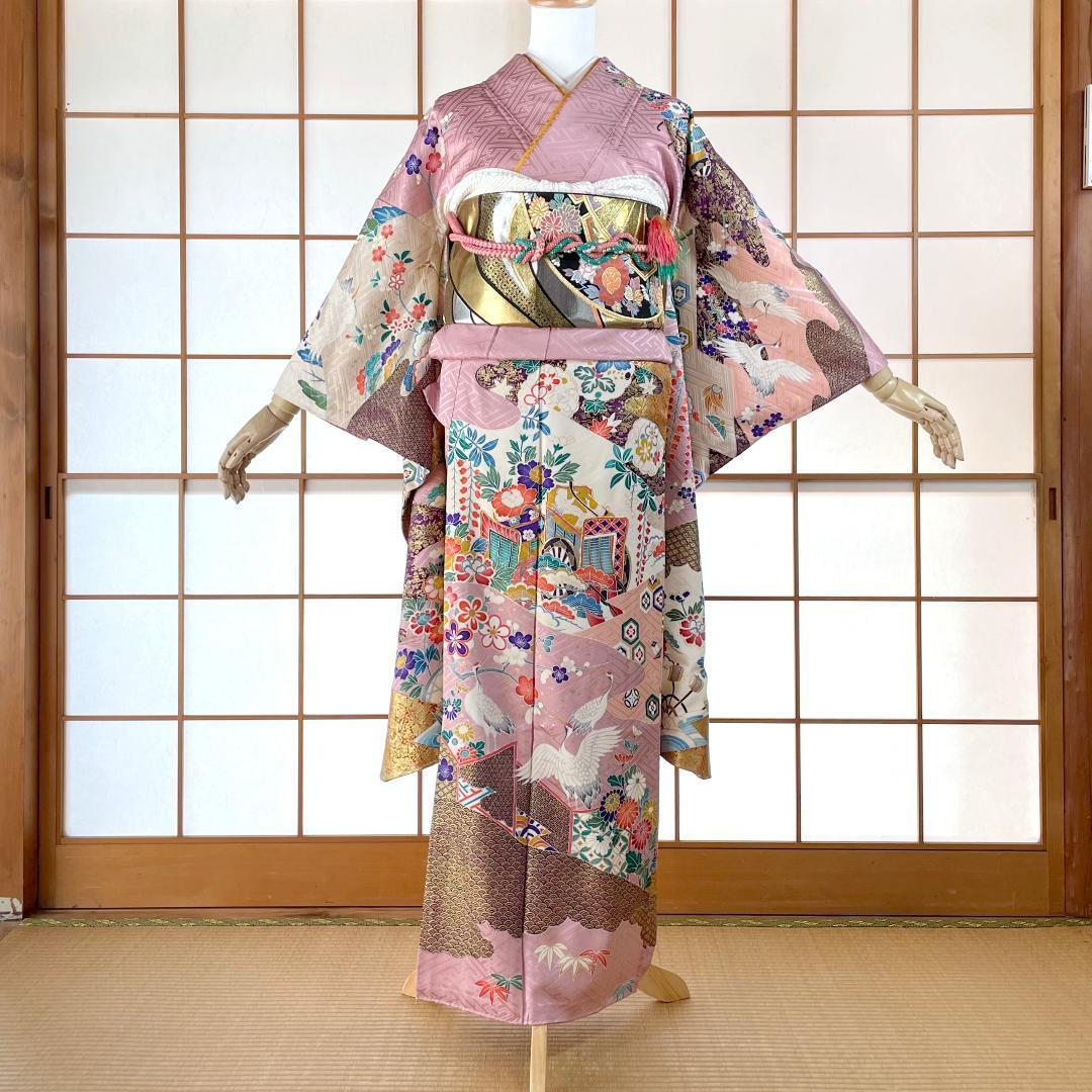 振袖 正絹 スモーキピンク 金彩刺繍 吉祥文 約164cm 成人式 A-0315