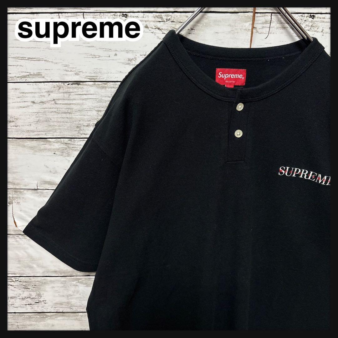 人気Lサイズ】シュプリーム☆刺繍ロゴ最高デザインヘンリーネック半袖T