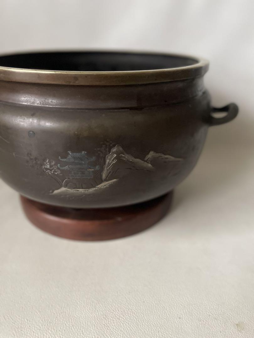 火鉢 手炙り 木製台座付き 真鍮製 山水図 古民具 中古品 2