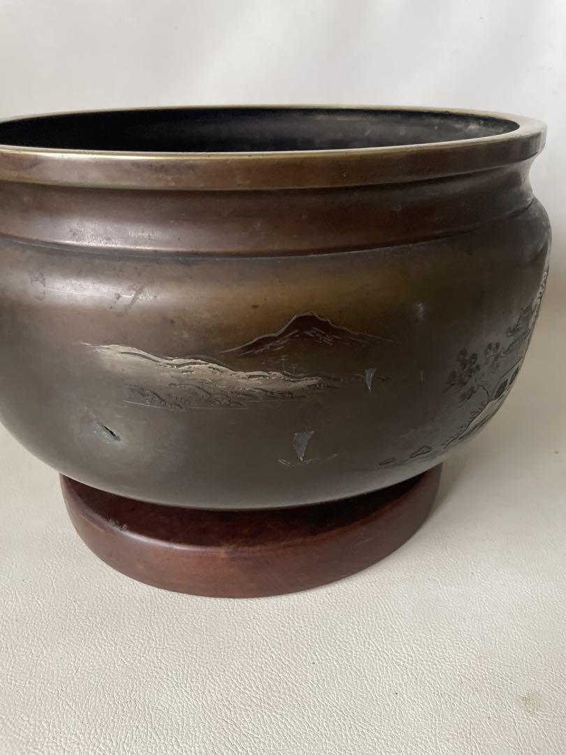 火鉢 手炙り 木製台座付き 真鍮製 山水図 古民具 中古品 2