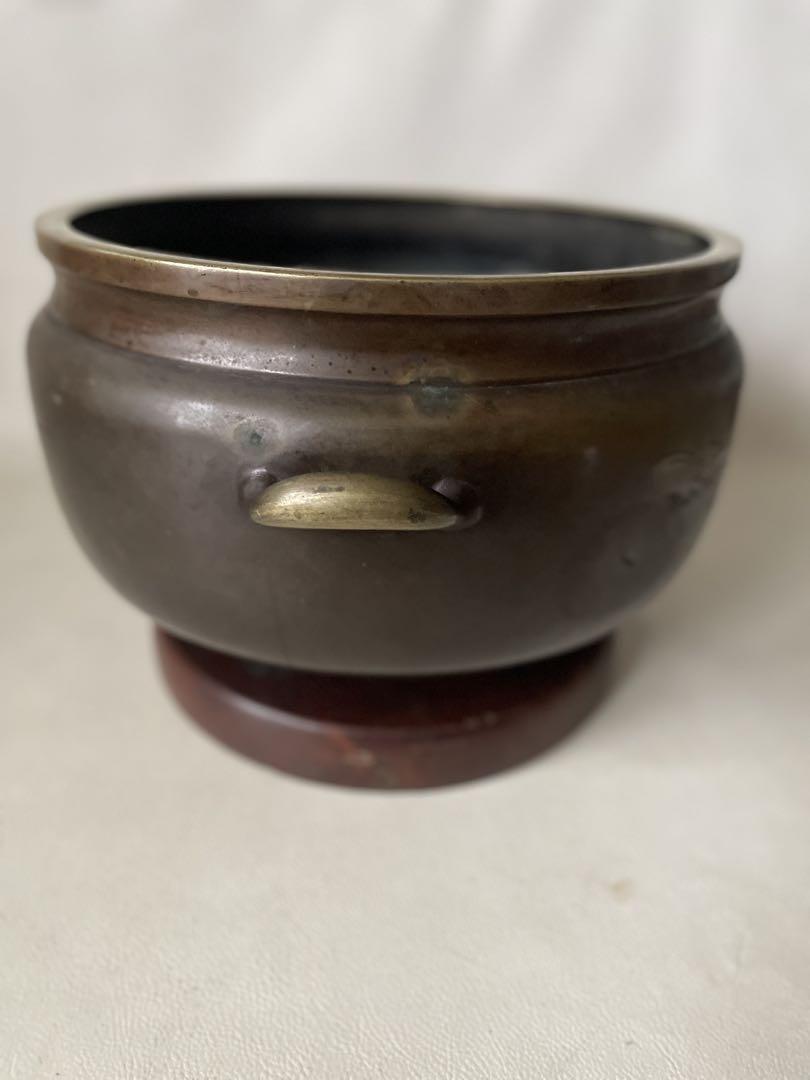 火鉢 手炙り 木製台座付き 真鍮製 山水図 古民具 中古品 2