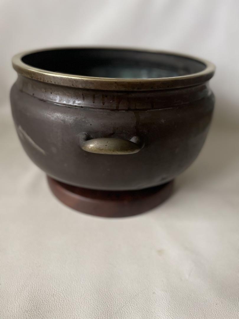 火鉢 手炙り 木製台座付き 真鍮製 山水図 古民具 中古品 2