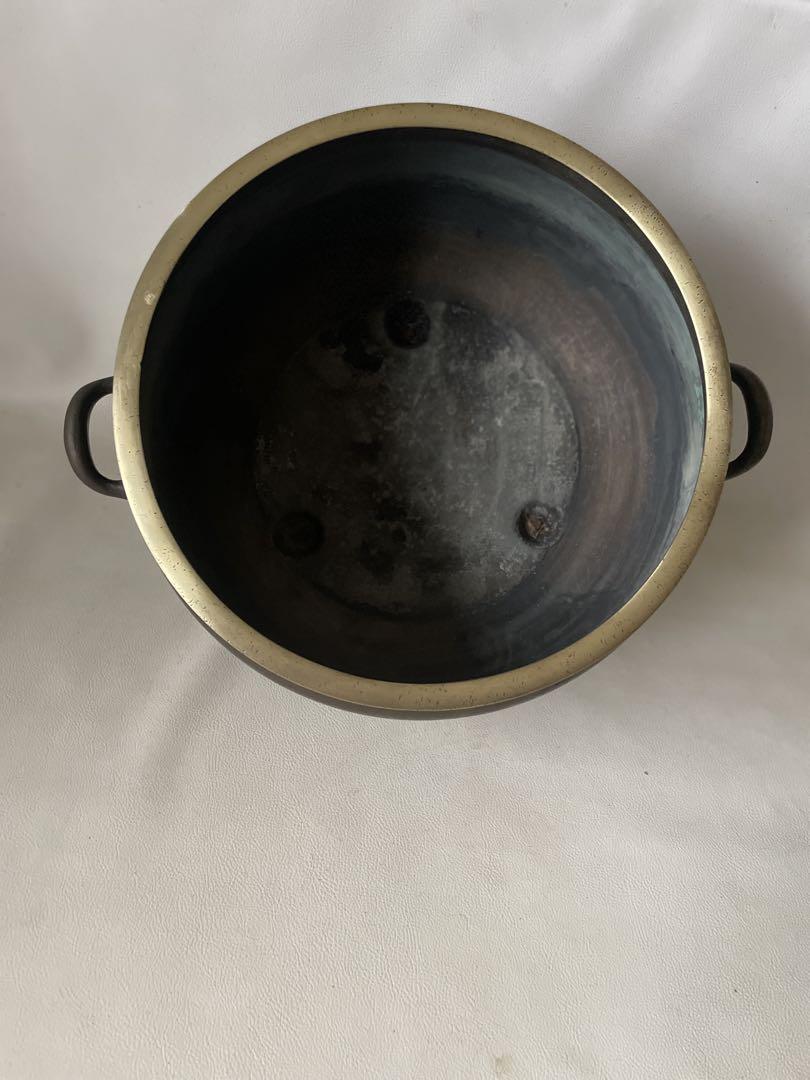 火鉢 手炙り 木製台座付き 真鍮製 山水図 古民具 中古品 2
