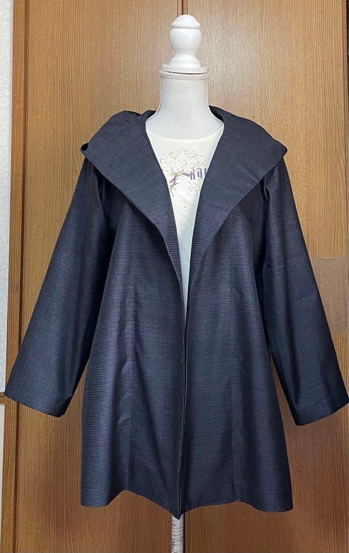 着物リメイク シンプル 藍色系 大島のフード付きジャケット L〜LL