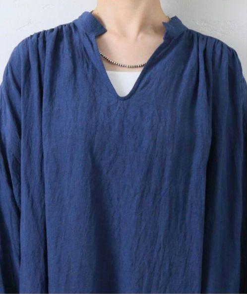 journal　standard　luxe リネンキーネックワンピース　ネイビー