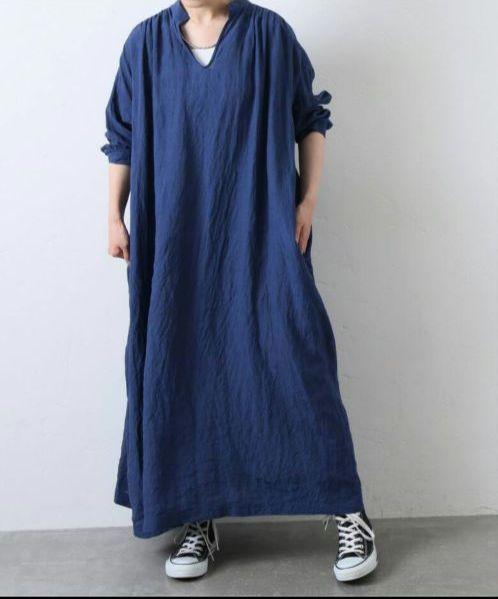 journal　standard　luxe リネンキーネックワンピース　ネイビー