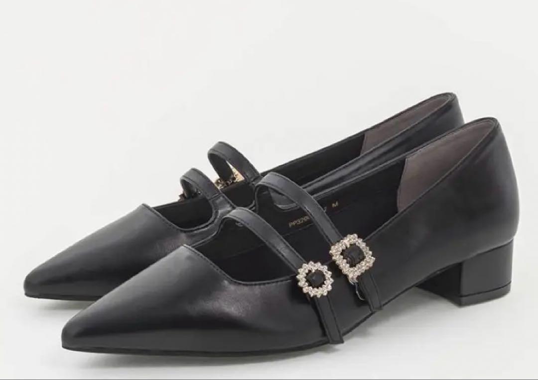 極美品　RANDA ランダ　春ビジュー付きストラップパンプス　ブラック　M