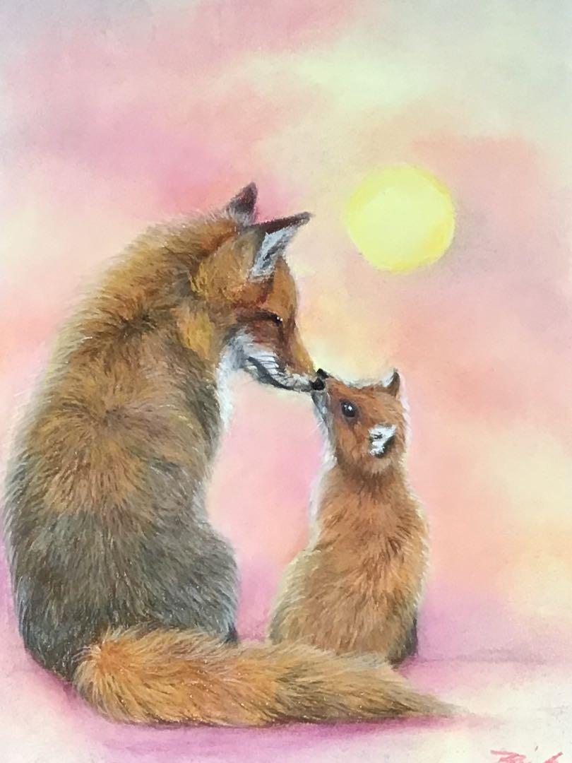 母子きつね　ハンドメイドパステル画　絵画アート原画