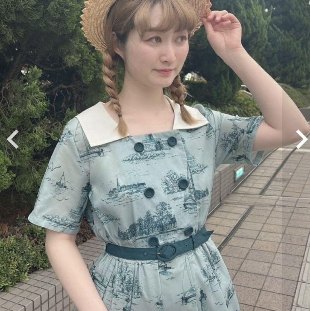 Fint 半袖ワンピース 緑 春服 レトロ