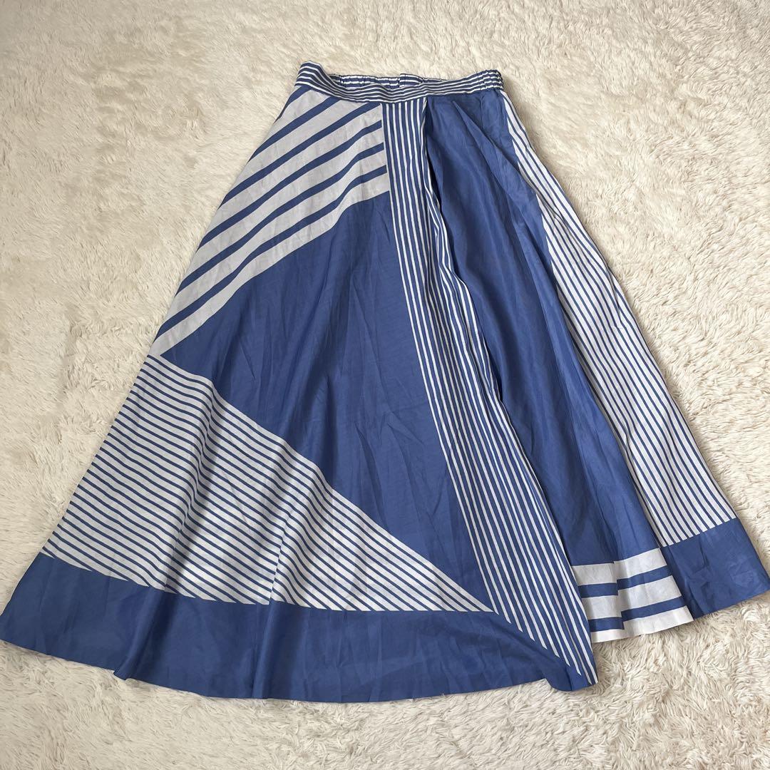 【ダイアグラム】ラップ風 フレア ロングスカート ブルー系 コットン混 日本製