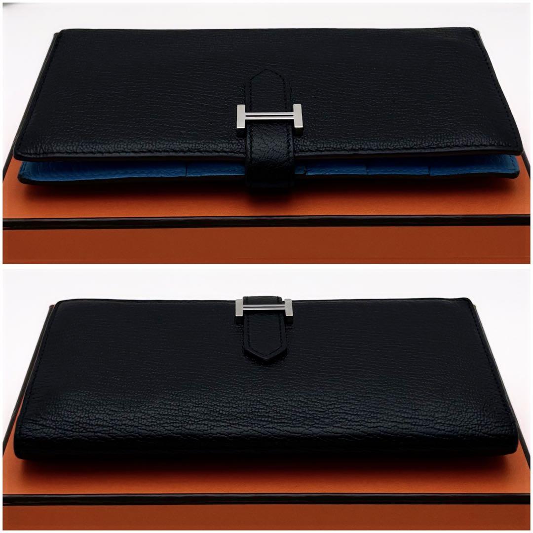 HERMES エルメス ベアン 二つ折り長財布 黒 ブラック ブルー 青 水色