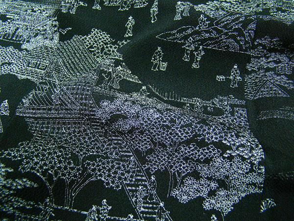 【おまけ付】 中思慕縮緬（少し撚りの強い）モノクロ雅な平安絵巻 粋な小紋 着物・浴衣