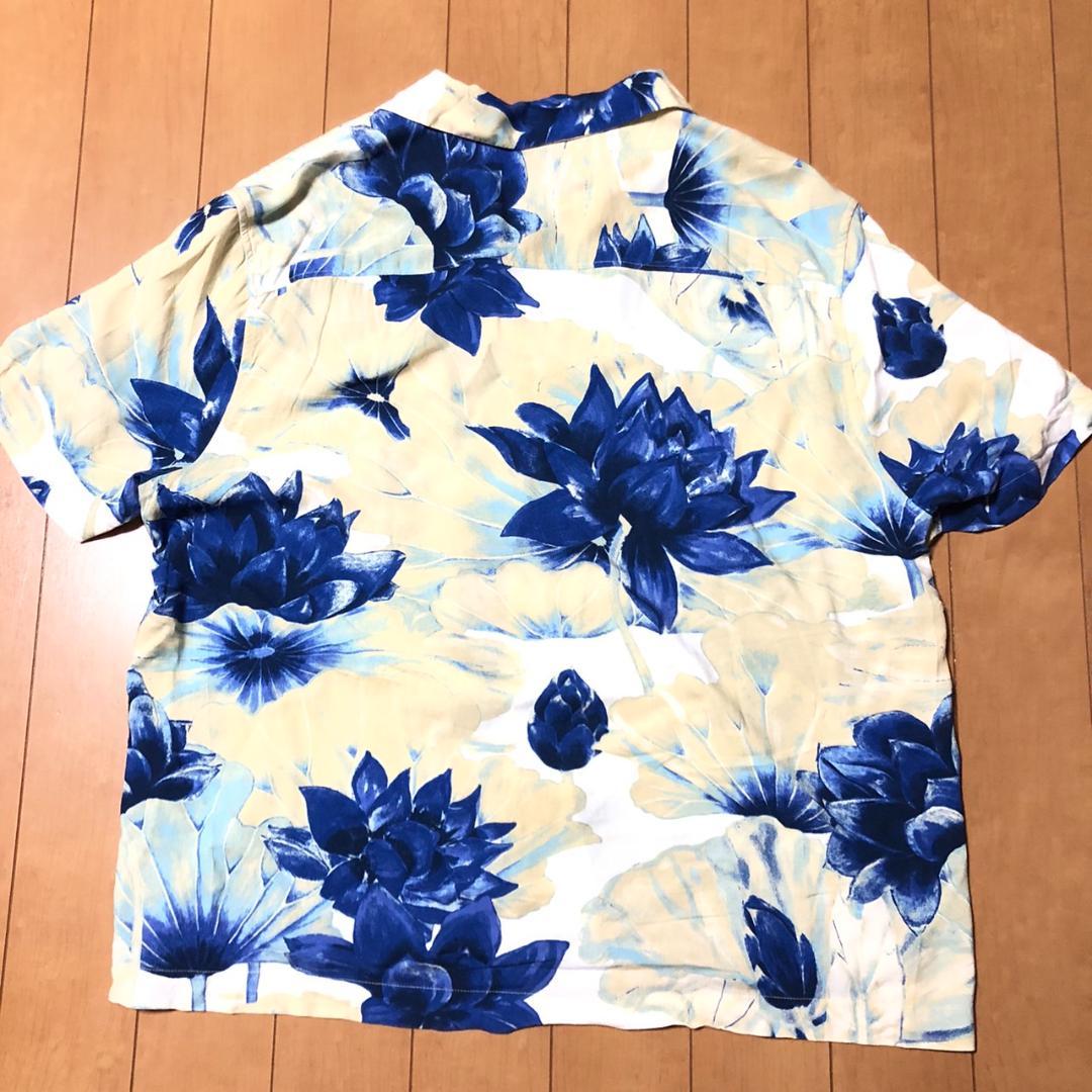H&M ロータス総柄 オープンカラーアロハシャツ XLメンズ BLUE 送料込み