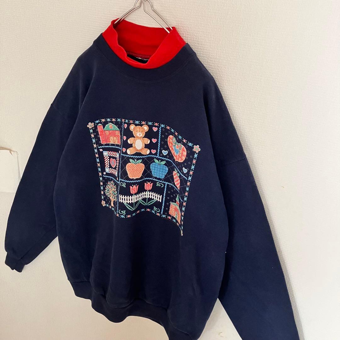 90s レトロ くま オールドデザイン 袖太スウェット トレーナー ダブルネック