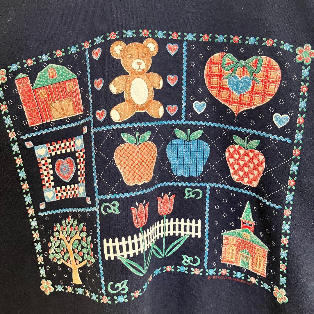 90s レトロ くま オールドデザイン 袖太スウェット トレーナー ダブルネック