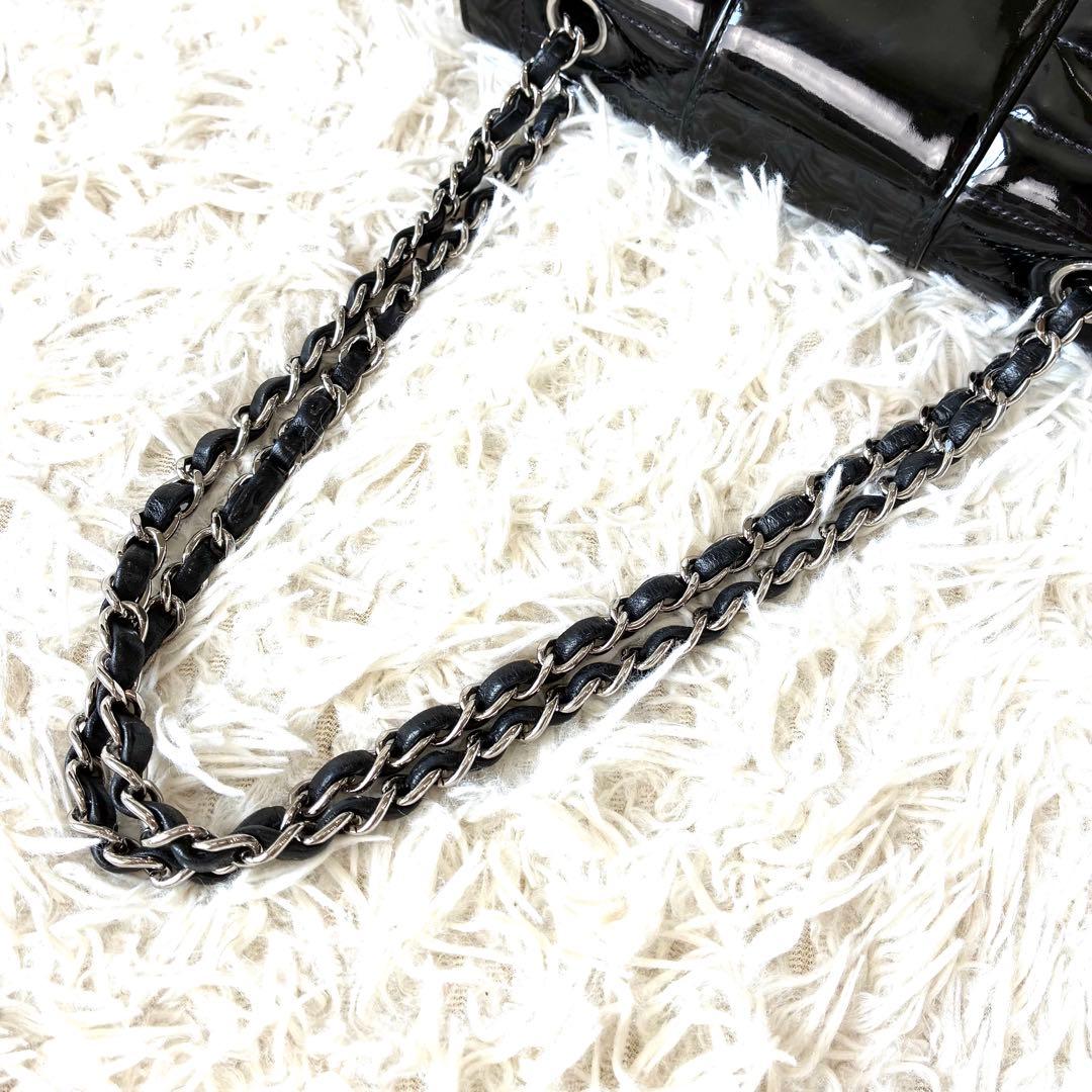 CHANEL シャネル エナメル チェーンバッグ 2way シルバー ブラック
