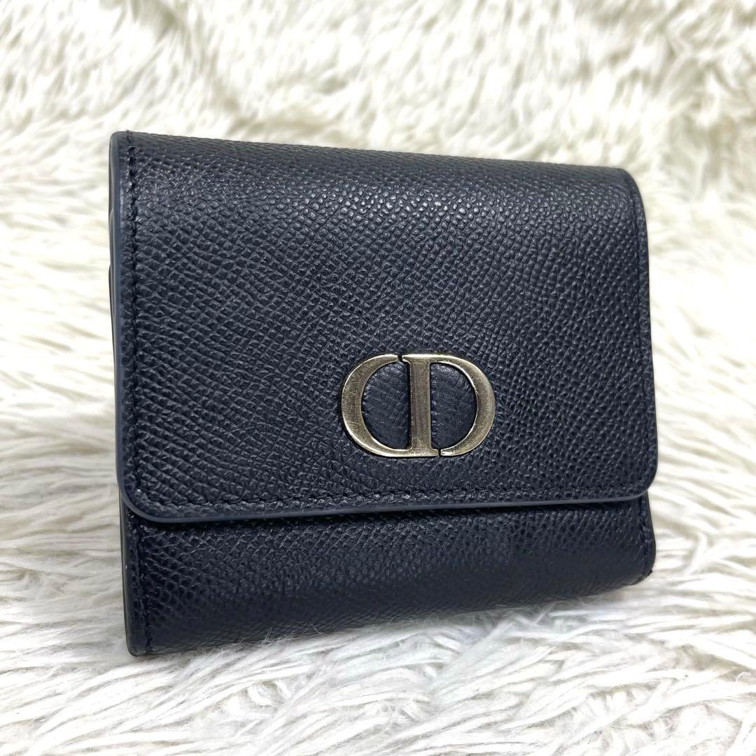 クリスチャンディオール 三つ折り財布 モンテーニュ CD金具 レザー ブラックChristian Dior