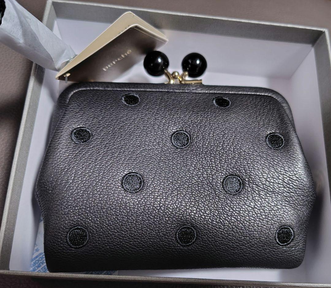 perché　ペルケ 二つ折り財布 がま口財布 ドット 革　黒　perche新品