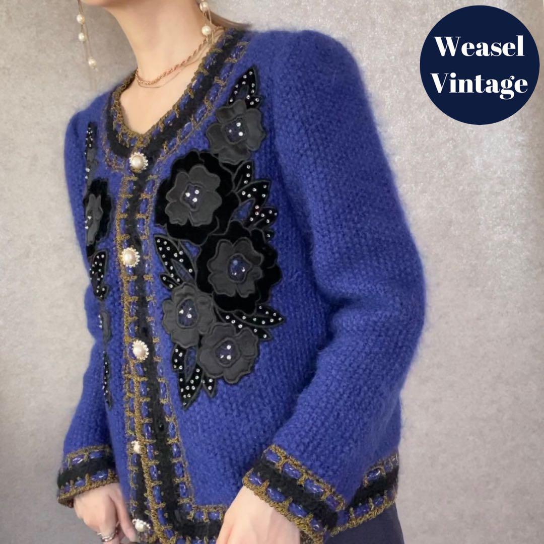 ヴィンテージ レトロ古着 花柄刺繍ニットカーディガン ウール モヘアライク 厚手