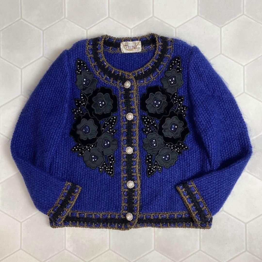 ヴィンテージ レトロ古着 花柄刺繍ニットカーディガン ウール モヘアライク 厚手