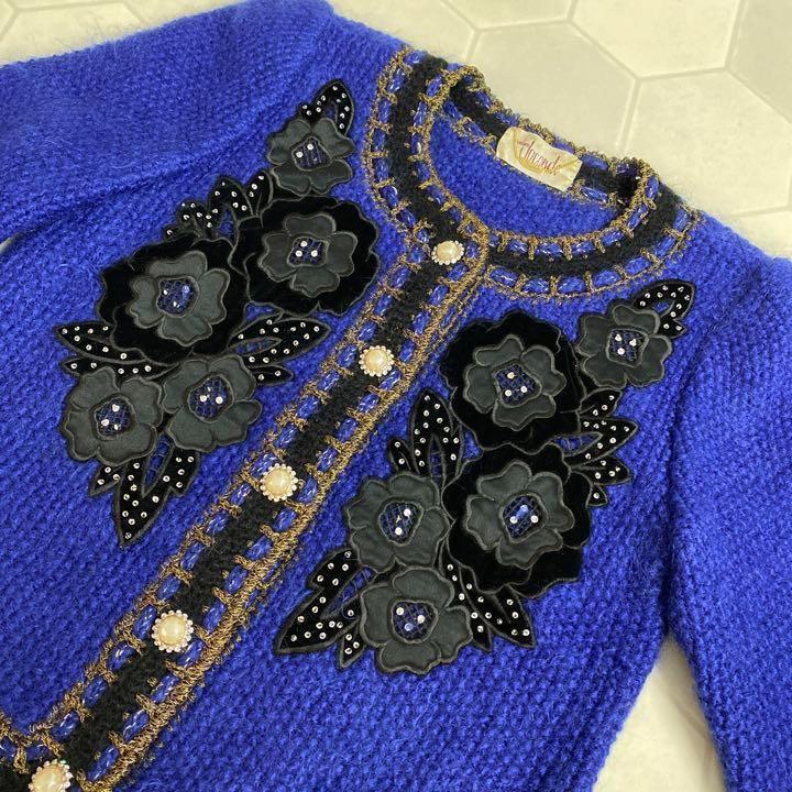 ヴィンテージ レトロ古着 花柄刺繍ニットカーディガン ウール モヘアライク 厚手
