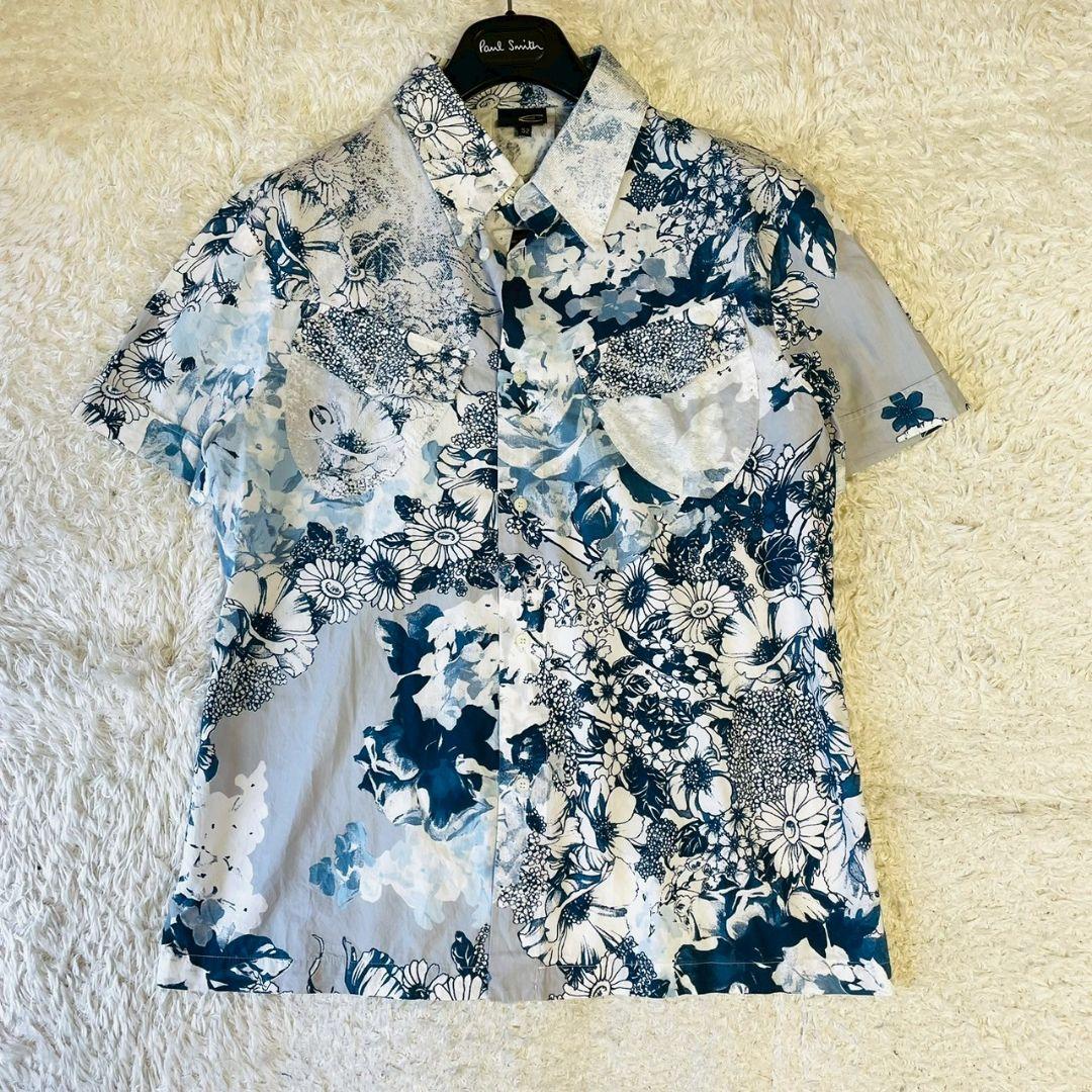 美品　just cavalli　半袖シャツ　XL　総柄　花柄　水墨画　ホワイト