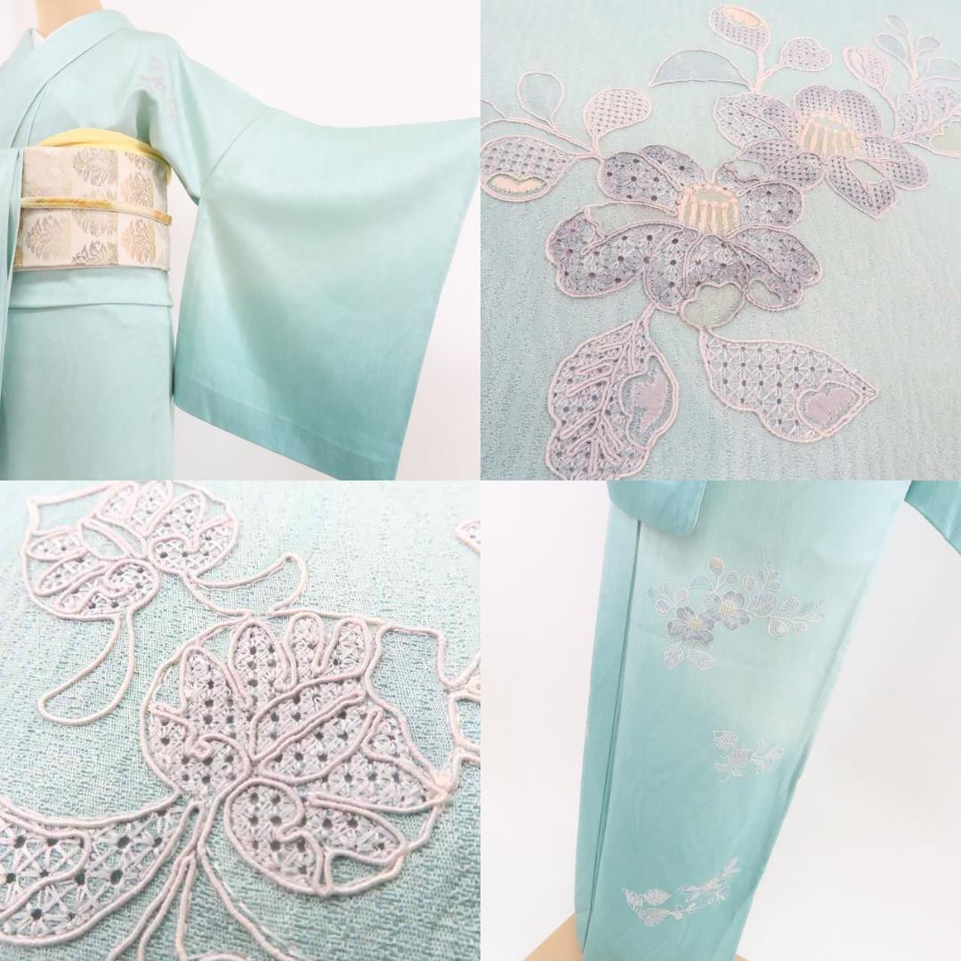 Y-644◇美品 単衣 正絹 スワトウ刺繡 手縫い仕立て 訪問着 着物