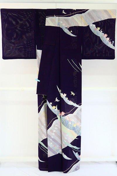 絽 夏着物 訪問着 紺 草花 夏 鳥 身丈162cm 裄丈65cm 仕立て上がり