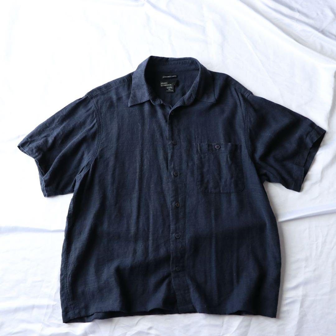 90s 00s リネンレーヨン　半袖シャツ　ネイビー　vintage 古着