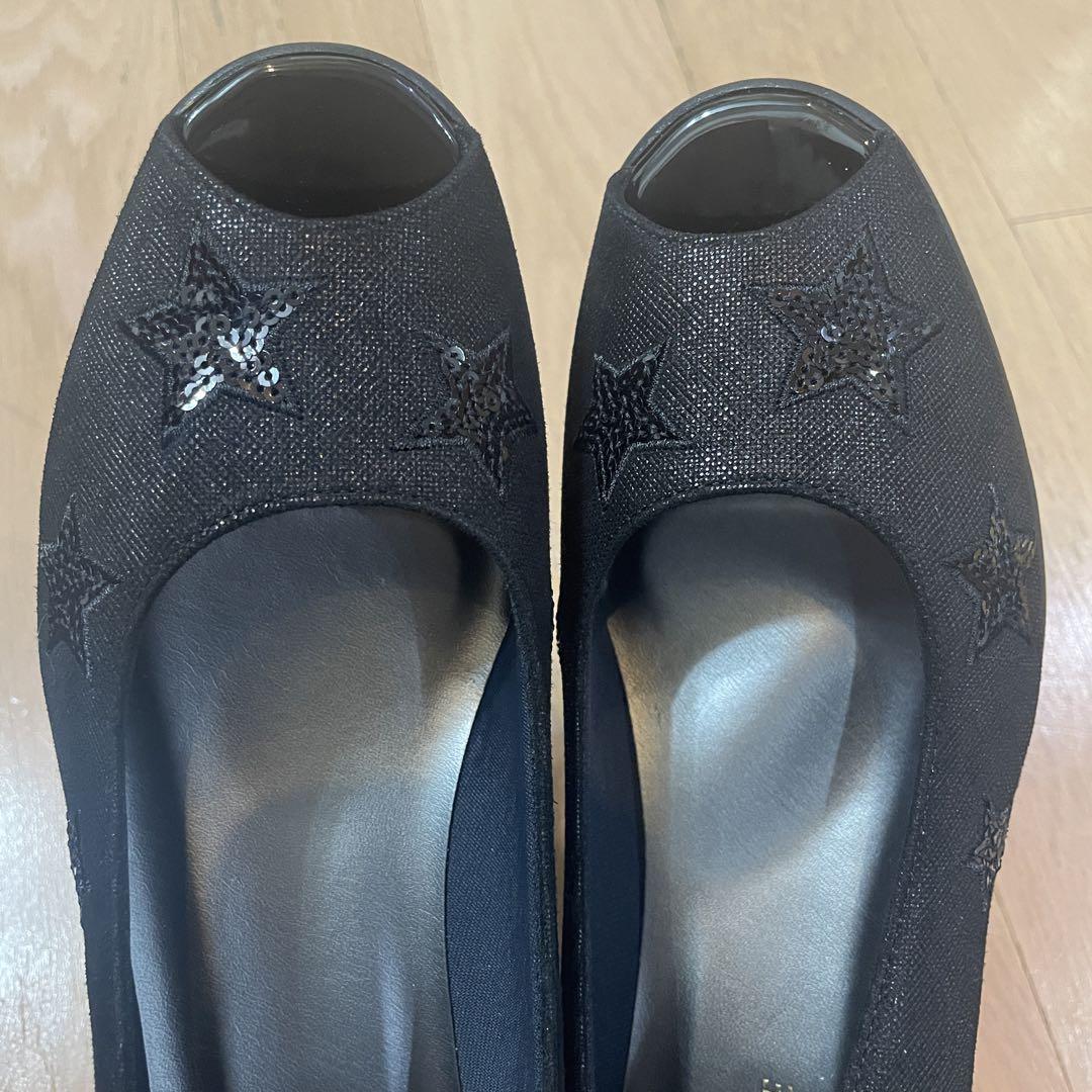 未使用 ヒルズアヴェニュー オープントゥ ヒール パンプス 黒 23.5