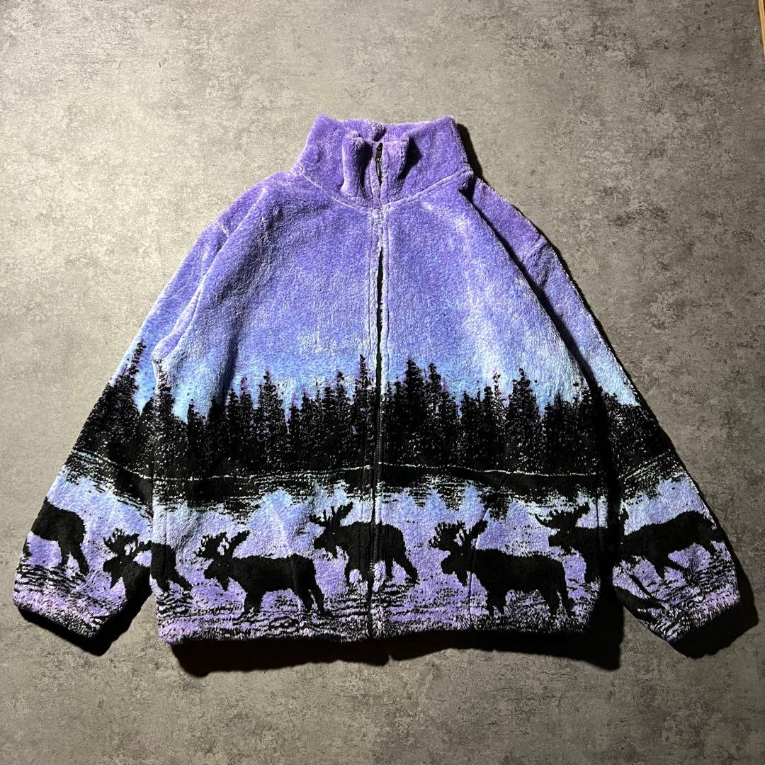 【即日発送・US古着】90s フリースジャケット アニマル エルク 黒 薄紫 L 【即日発送・US古着】90s フリースジャケット アニマル エルク 黒 薄紫 L