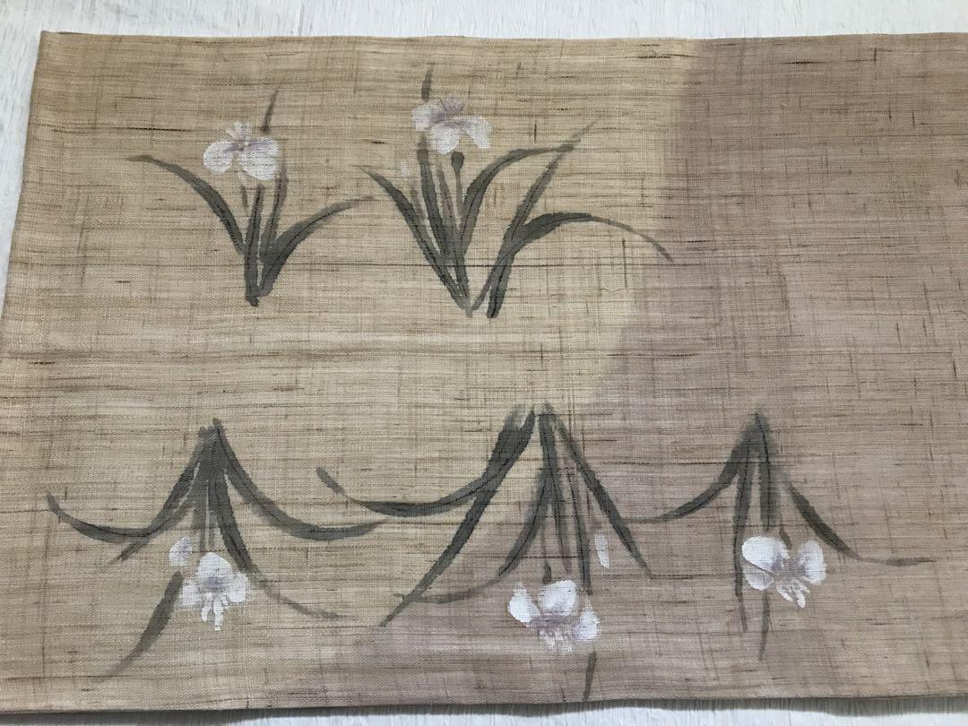 手描きの麻の袋帯　夏帯　菖蒲　良い雰囲気です