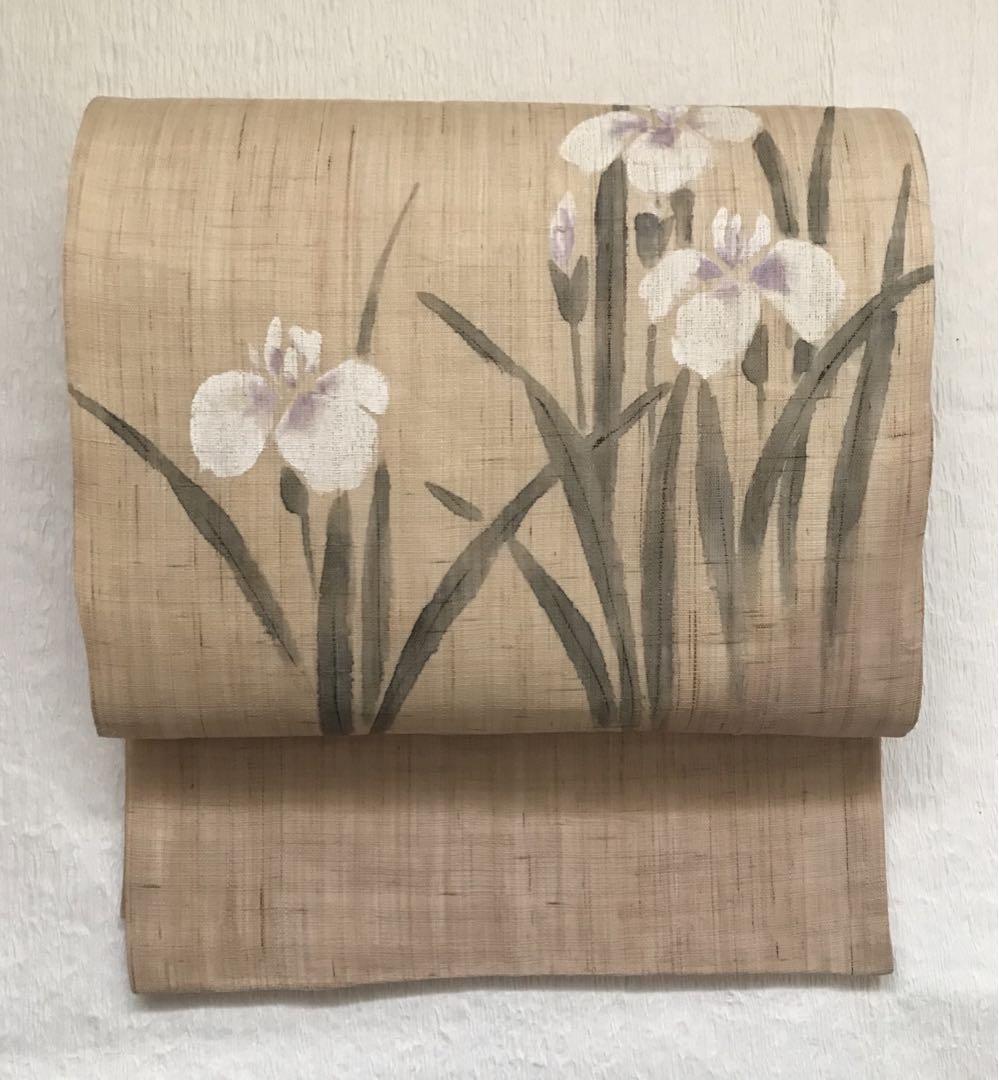 手描きの麻の袋帯　夏帯　菖蒲　良い雰囲気です