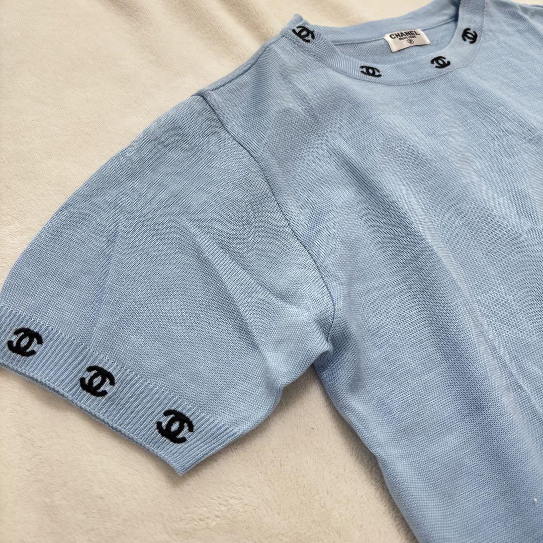 希少　CHANEL 半袖　サマー　ニット　ブルー　ココマーク　ロゴ入り