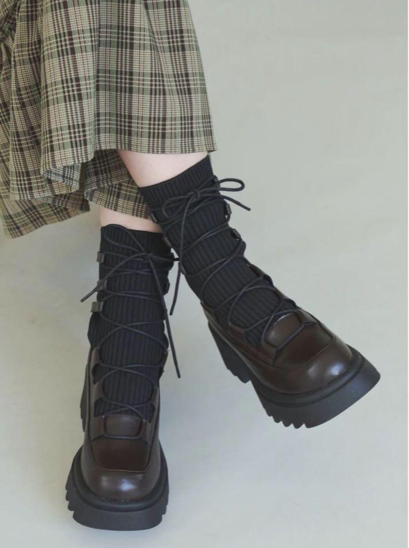 lace up socks boots/リボン編み上げ厚底ブーツ（ブーツ）｜idem