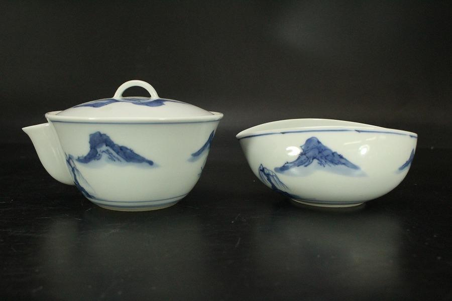 茶道具 御室窯 平安 紫光作 茶器揃 煎茶碗 湯冷 急須 染付共箱(メ1283)