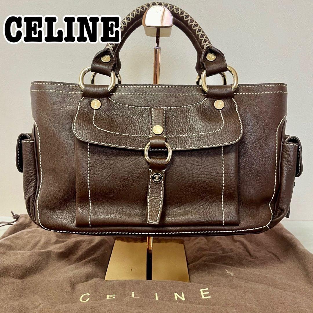 CELINE レザー トートバッグ ブギー ブラウン クロスステッチ マカダム