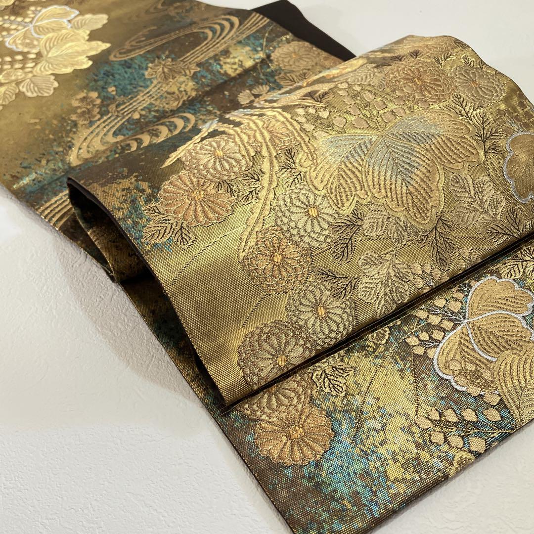 袋帯 美品 秀品 桜 花びら 刺繍 金銀糸 濃紫 六通 正絹 【中古