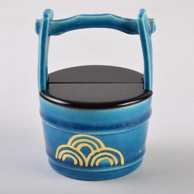 茶道具　加賀瑞山造　土耳古釉　青海波文　手桶茶入　共箱　V　8959 茶道具 加賀瑞山造 土耳古釉 青海波文 手桶茶入 共箱 V 8959