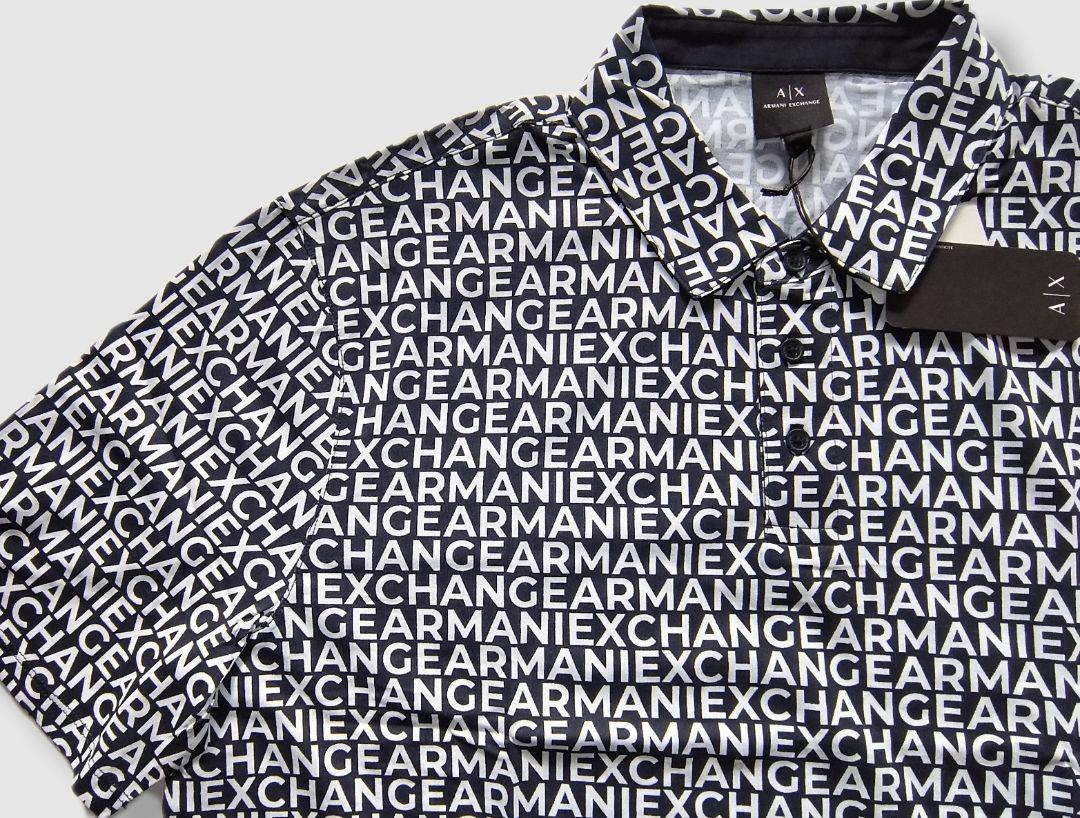 BIG XL ARMANI EXCHANGE ロゴ総柄 半袖ポロシャツ紺/白